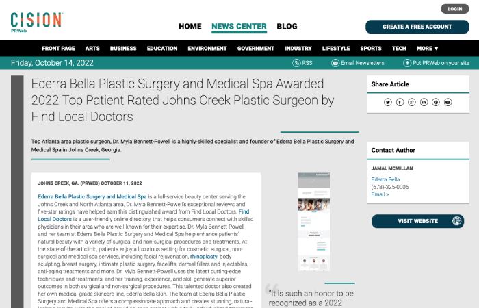 Screenshot of an article titled: Ederra Bella Plastic Surgery and Medical Spa Awarded 2022 Top Patient Rated Johns Creek Plastic Surgeon by Find Local Doctors